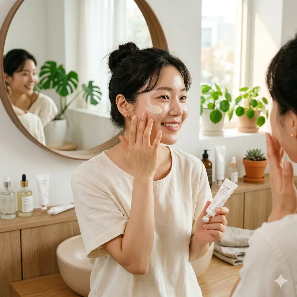 자연스러운 피부 톤 보정 효과를 보여주는 톤업 선크림 제형과 화사해진 손등 비교 사진