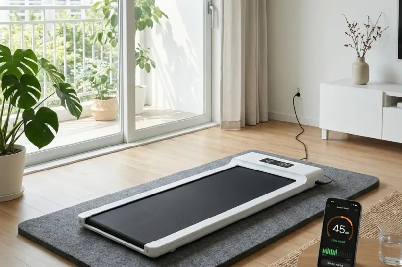 아파트 거실에 설치된 저소음 워킹패드와 층간소음 방지 매트