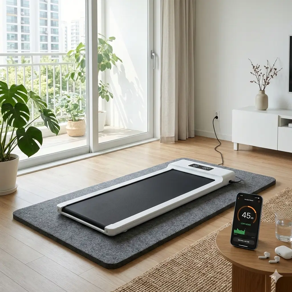 아파트 거실에 설치된 저소음 워킹패드와 층간소음 방지 매트