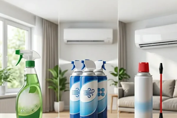 에어컨 냉각핀에 에어컨 세정제를 분사하여 곰팡이와 먼지를 제거하는 셀프 청소 모습