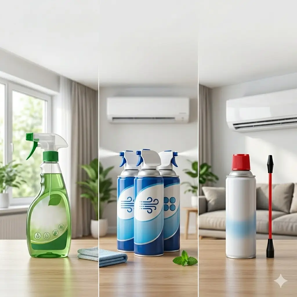 에어컨 냉각핀에 에어컨 세정제를 분사하여 곰팡이와 먼지를 제거하는 셀프 청소 모습