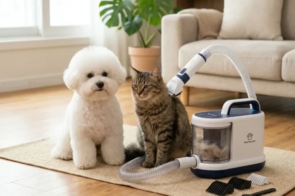 집에서 털 날림 없이 셀프 미용 중인 강아지와 반려동물 진공흡입 미용기 세트 기기 이미지