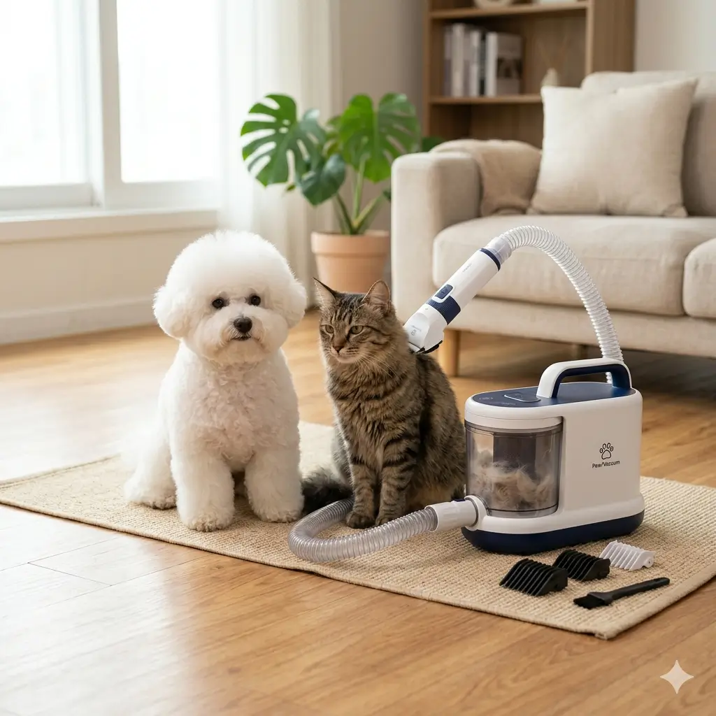 집에서 털 날림 없이 셀프 미용 중인 강아지와 반려동물 진공흡입 미용기 세트 기기 이미지