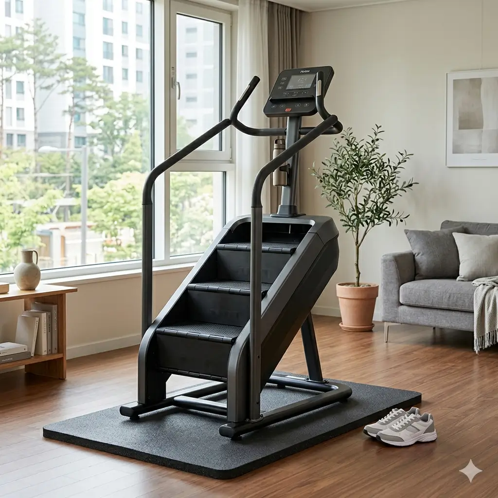 거실에 설치된 저소음 설계의 가정용 천국의 계단 운동기구와 TOP 5 비교 분석 문구가 포함된 대표 이미지