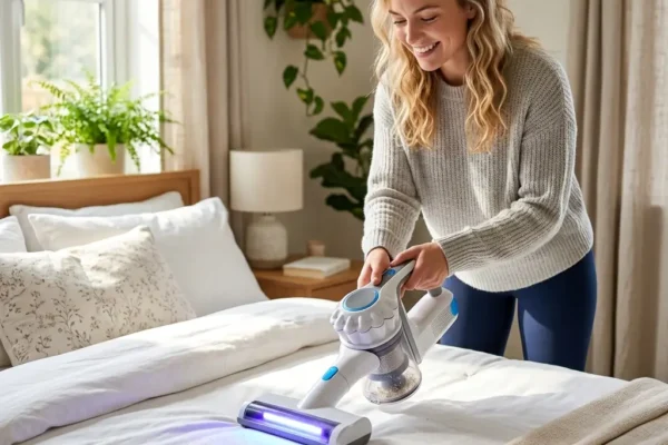 깨끗한 침대 매트리스 위에서 UV 살균과 강력 흡입이 동시에 이루어지는 침구청소기 사용 모습