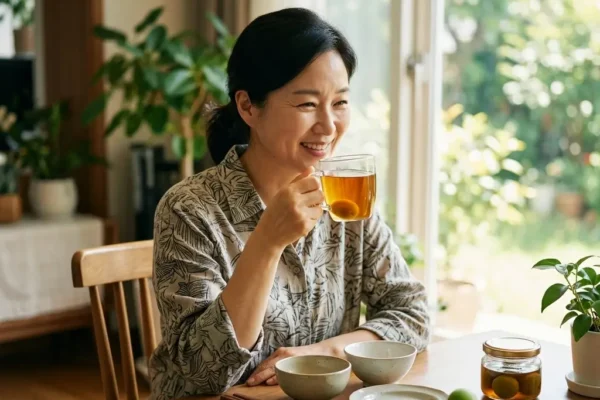 따뜻한 매실차가 담긴 투명한 유리잔과 신선한 푸른 매실 열매가 놓여 있으며, 식후 혈당 안정과 원활한 소화 작용을 돕는 개념을 시각적으로 표현한 이미지