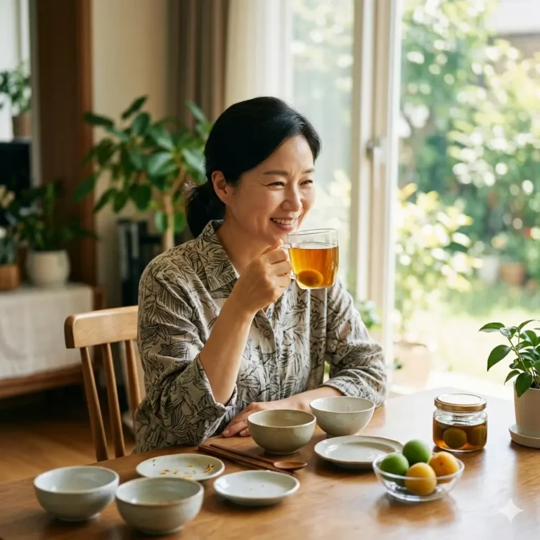따뜻한 매실차가 담긴 투명한 유리잔과 신선한 푸른 매실 열매가 놓여 있으며, 식후 혈당 안정과 원활한 소화 작용을 돕는 개념을 시각적으로 표현한 이미지
