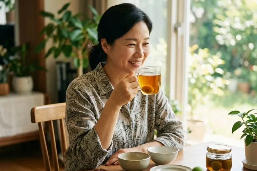 따뜻한 매실차가 담긴 투명한 유리잔과 신선한 푸른 매실 열매가 놓여 있으며, 식후 혈당 안정과 원활한 소화 작용을 돕는 개념을 시각적으로 표현한 이미지