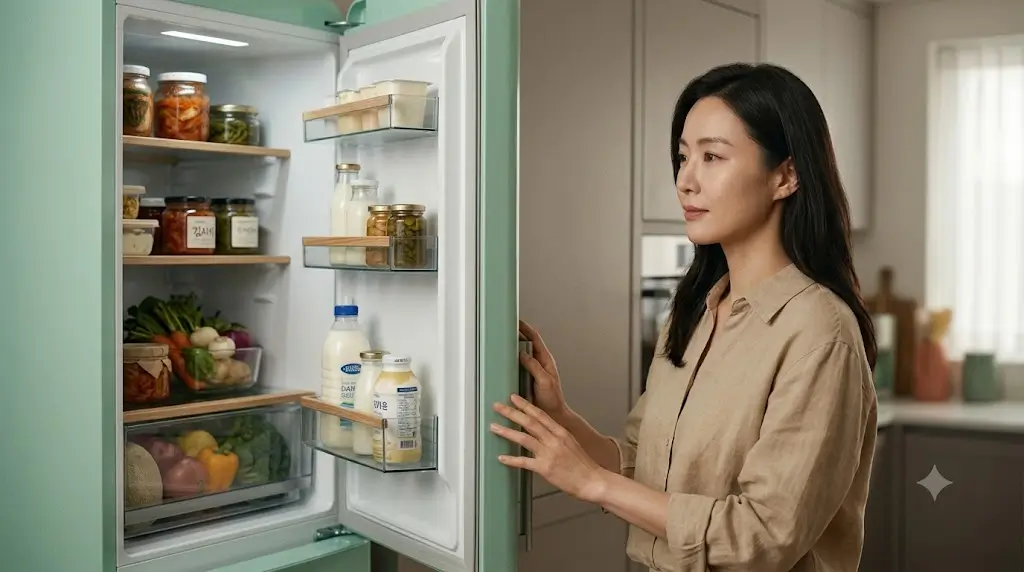 일반형 냉장고와 세미빌트인 냉장고의 주방 가구 돌출 깊이 차이 비교 일러스트