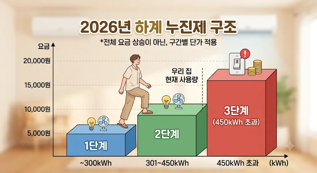 누진구간이 계단식으로 올라가는 전기요금 구조를 형상화한 이미지