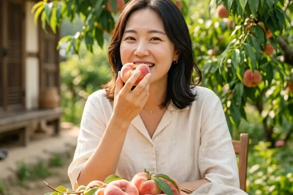 1년에 한 달만 맛볼 수 있는 제철 납작복숭아(거반도)와 대극천 복숭아가 바구니에 신선하게 담긴 모습