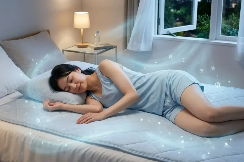 시원하고 쾌적한 질감이 돋보이는 여름용 듀라론 냉감패드가 깔린 침실 인테리어 연출 사진